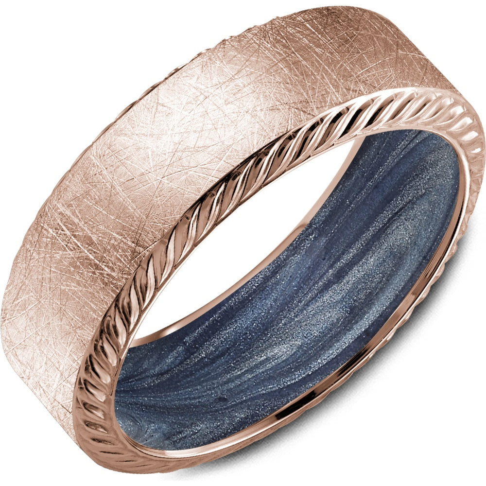 Bleu Royale Men's Wedding Band - 14K Rose Gold with Diamond Brushed Finish, High Polish Rope Edges, and H and Painted Midnight Blue Enamel Interior - 7.5mm Width from the Distinct Collection