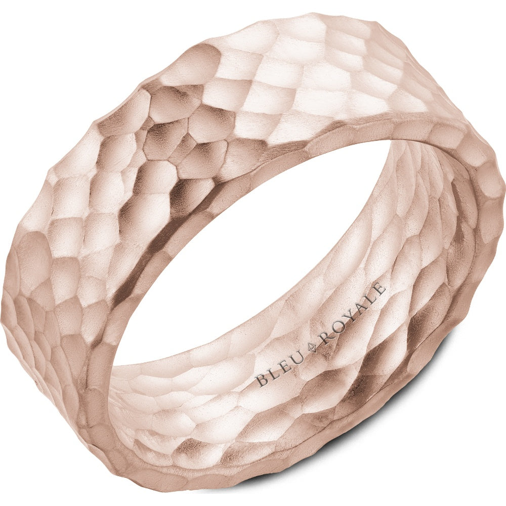 Bleu Royale Men's Wedding Band - 14K Rose Gold with Diamond Cut Hammered and Frosted Finish - 8mm Width from the Distinct Collection
