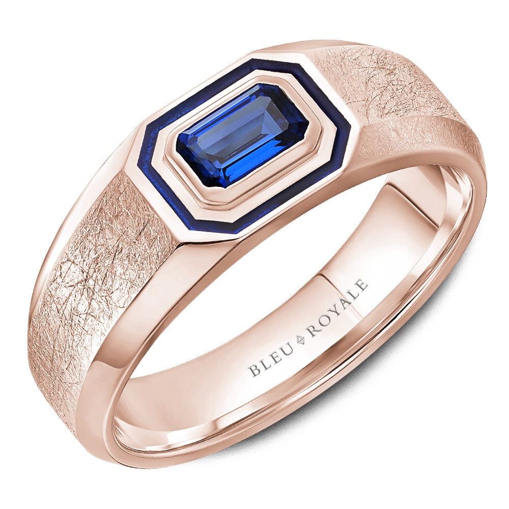 Bleu Royale Men's Wedding Band - 14K Rose Gold with Emerald Cut Blue Sapphire and Blue Enamel Halo- 0.75ct - 8mm Width from the Diamond Collection