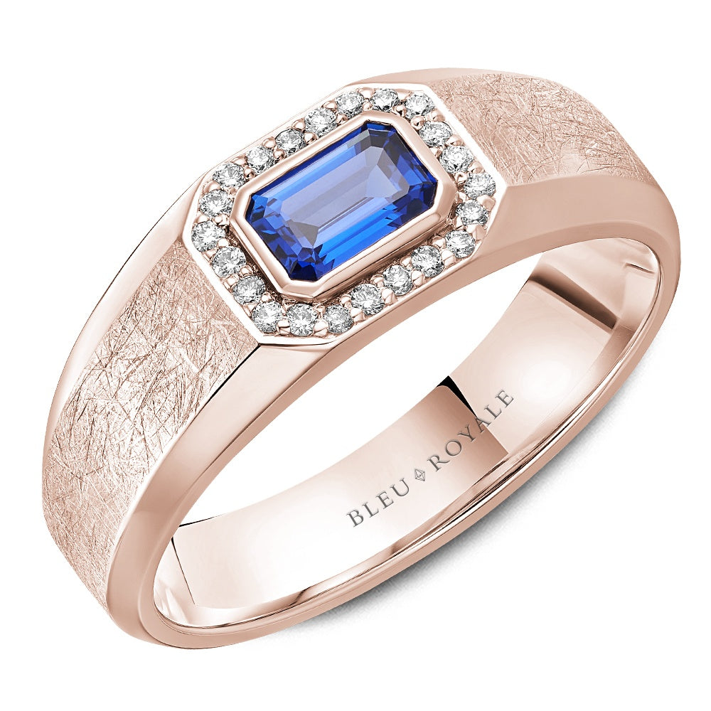Bleu Royale Men's Wedding Band - 14K Rose Gold with Emerald Cut Blue Sapphire and Round Diamond Halo- 0.75 Carat Sapphire, 0.13 Carat Diamonds - 8mm Width from the Diamond Collection