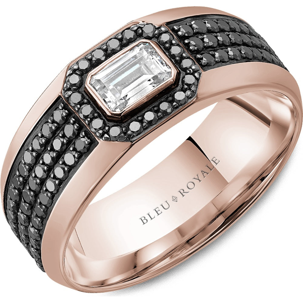 Bleu Royale Men's Wedding Band - 14K Rose Gold with Emerald Cut Center and Black Diamond Halo- 1.41 Carat Total Diamond Weight - 8mm Width from the Diamond Collection
