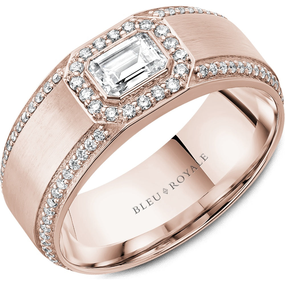Bleu Royale Men's Wedding Band - 14K Rose Gold with Emerald Cut Center Diamond and Round Diamond Halo- 0.96 Carat Total Diamond Weight - 8mm Width from the Diamond Collection