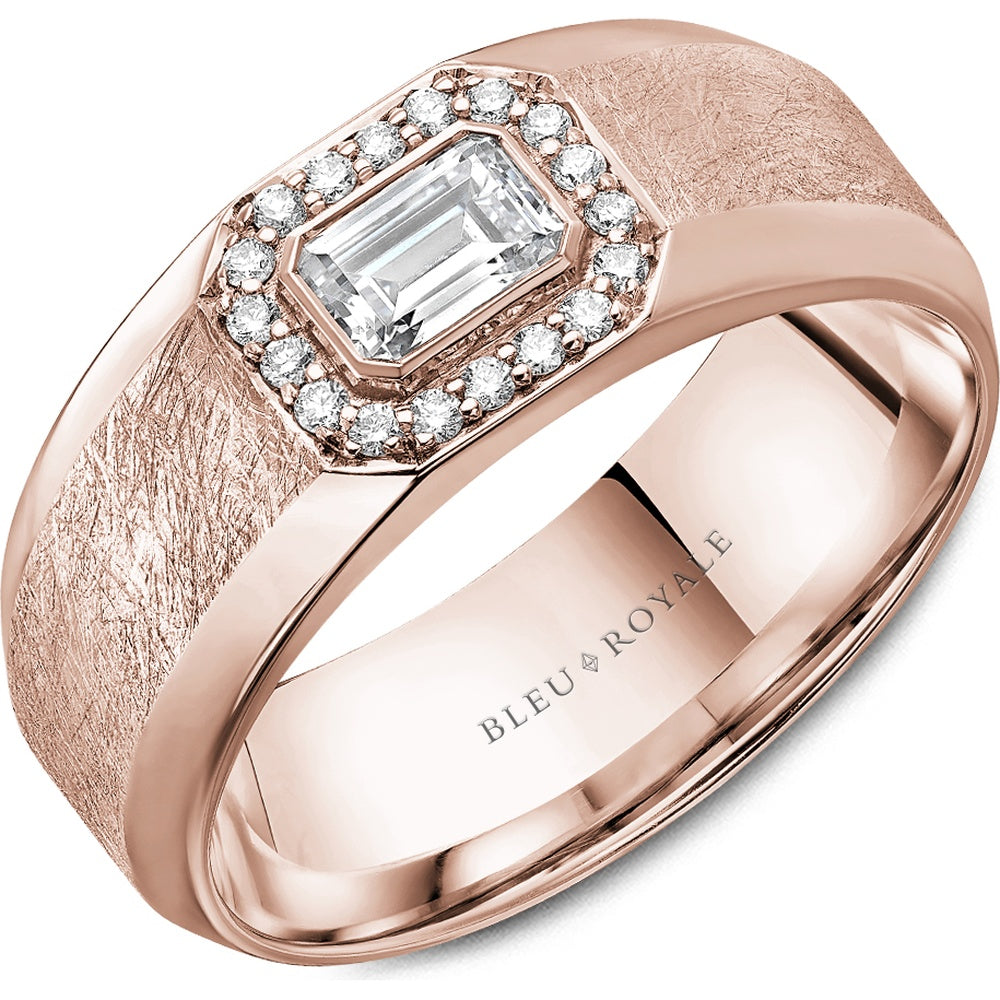 Bleu Royale Men's Wedding Band - 14K Rose Gold with Emerald Cut Center Diamond and Round Halo- 0.63 Carat Total Diamond Weight - 8mm Width from the Diamond Collection