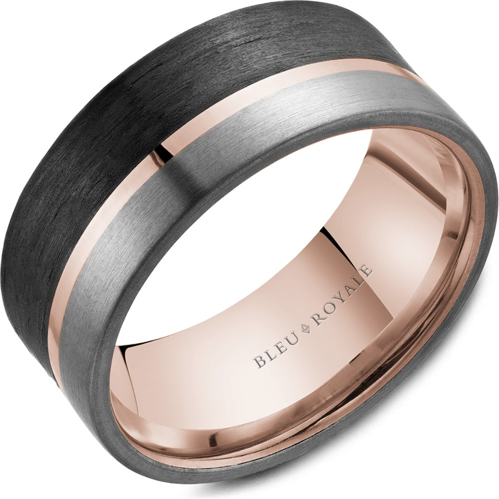Bleu Royale Men's Wedding Band - 14K Rose Gold with Forged Carbon Fiber and Tantalum- High Polish Center - 9mm Width from the Tantalum & Precious Metal Collection