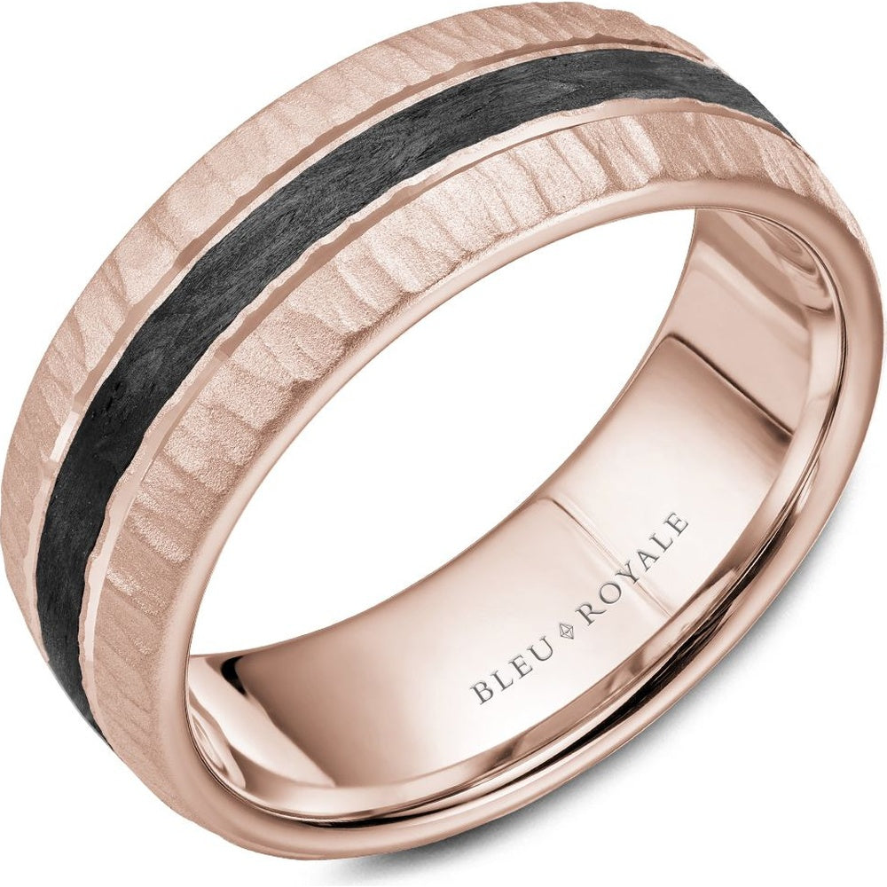 Bleu Royale Men's Wedding Band - 14K Rose Gold with Forged Carbon Fiber Center and Frosted Finish - 8mm Width from the Distinct Collection