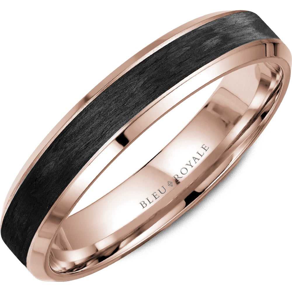 Bleu Royale Men's Wedding Band - 14K Rose Gold with Forged Carbon Fiber Inlay and Beveled Edge - 4.5mm Width from the Distinct Collection