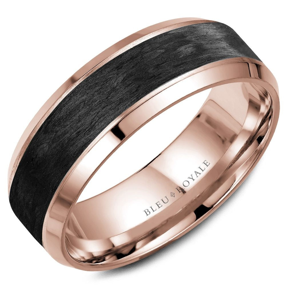 Bleu Royale Men's Wedding Band - 14K Rose Gold with Forged Carbon Fiber Inlay and Beveled Edges - 7.5mm Width from the Distinct Collection