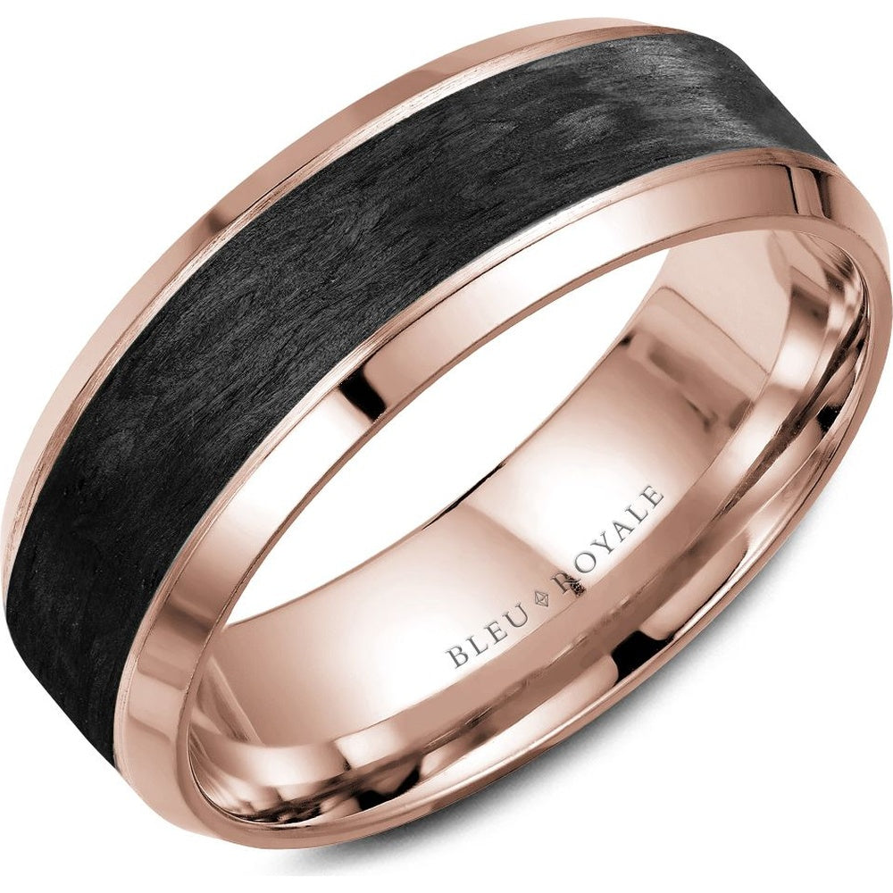 Bleu Royale Men's Wedding Band - 14K Rose Gold with Forged Carbon Fiber Inlay and Beveled Edges - 7.5mm Width from the Distinct Collection