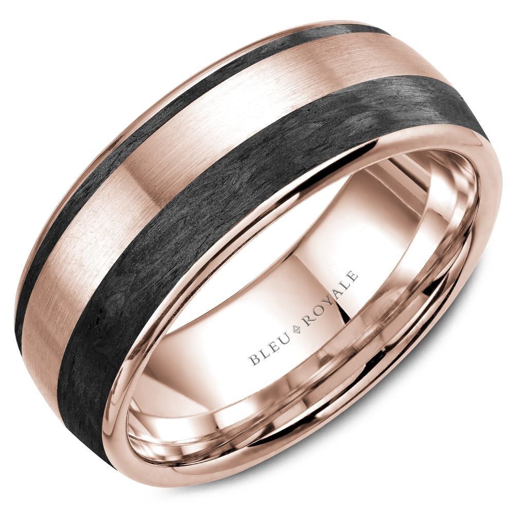 Bleu Royale Men's Wedding Band - 14K Rose Gold with Forged Carbon Fiber Inlay and High Polish Edges - 8.5mm Width from the Distinct Collection