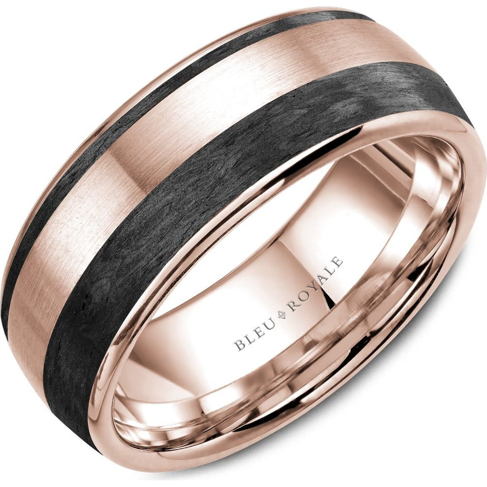 Bleu Royale Men's Wedding Band - 14K Rose Gold with Forged Carbon Fiber Inlay and High Polish Edges - 8.5mm Width from the Distinct Collection