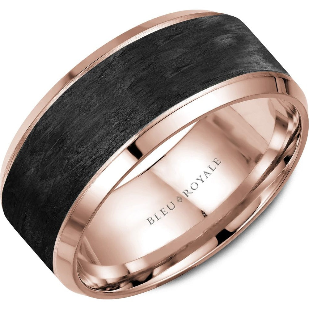 Bleu Royale Men's Wedding Band - 14K Rose Gold with Forged Carbon Fiber Inlay and Polished Bevel - 9.5mm Width from the Distinct Collection