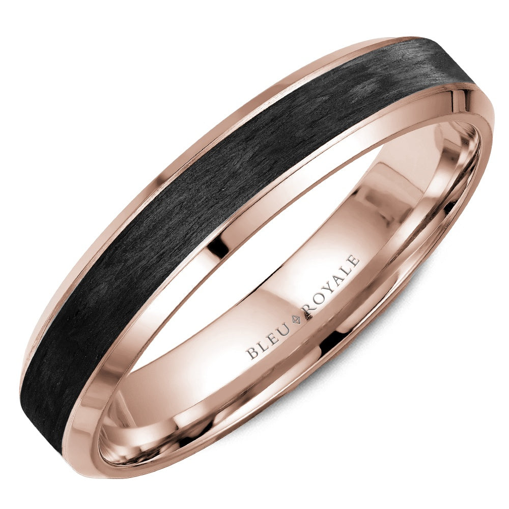 Bleu Royale Men's Wedding Band - 14K Rose Gold with Forged Carbon Fiber Inlay and Polished Beveled Edges - 4.5mm Width from the Distinct Collection