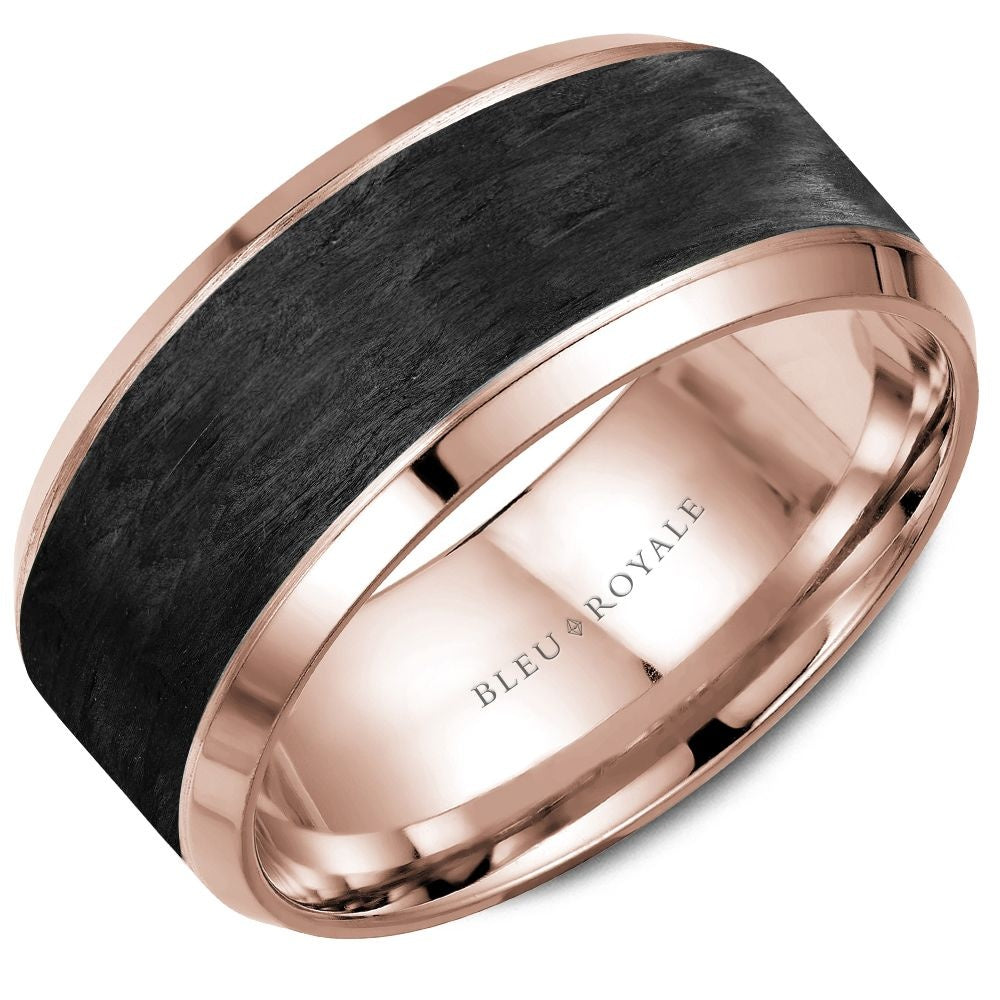 Bleu Royale Men's Wedding Band - 14K Rose Gold with Forged Carbon Fiber Inlay and Polished Beveled Edges - 9.5mm Width from the Distinct Collection
