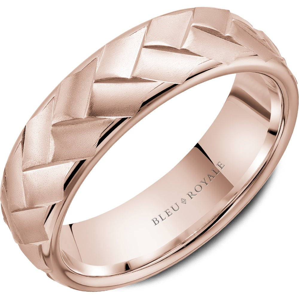 Bleu Royale Men's Wedding Band - 14K Rose Gold with Frosted Center and High Polish Chevron Edges - 6.5mm Width from the Legacy Collection