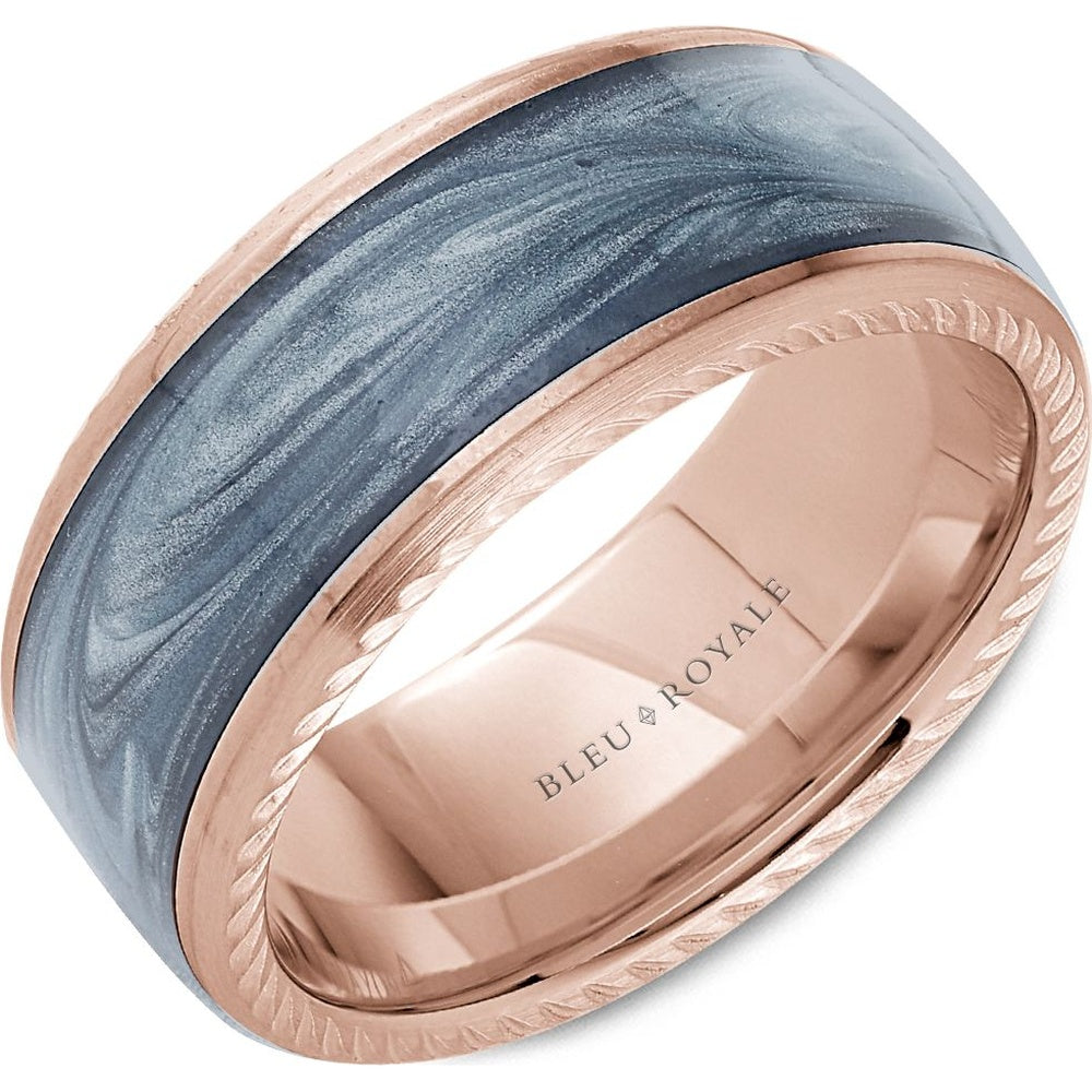 Bleu Royale Men's Wedding Band - 14K Rose Gold with H and-Painted Glacier Blue Enamel Inlay and Frosted Rope Edge - 9.5mm Width from the Distinct Collection