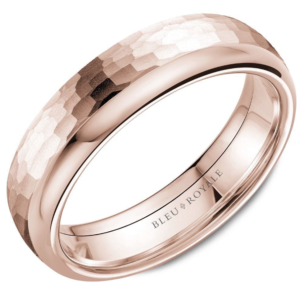 Bleu Royale Men's Wedding Band - 14K Rose Gold with Hammered Wide Top and High Polish Narrow Top - 6mm Width from the Legacy Collection