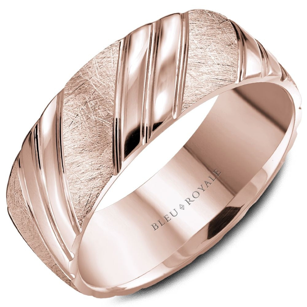 Bleu Royale Men's Wedding Band - 14K Rose Gold with High Polish Grooves and Diamond Brush Finish - 8.5mm Width from the Legacy Collection