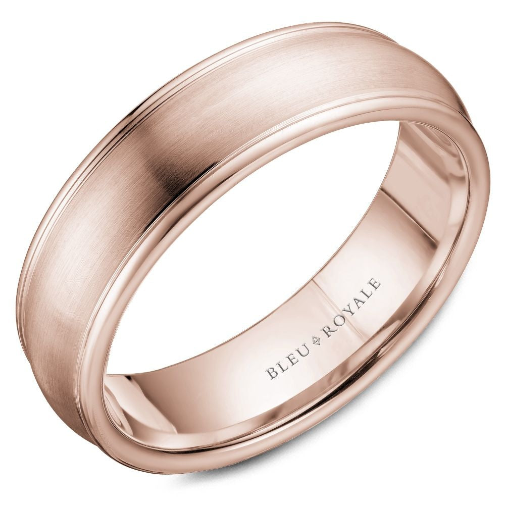 Bleu Royale Men's Wedding Band - 14K Rose Gold with Sandpaper Center and High Polish Edges - 6.5mm Width from the Legacy Collection