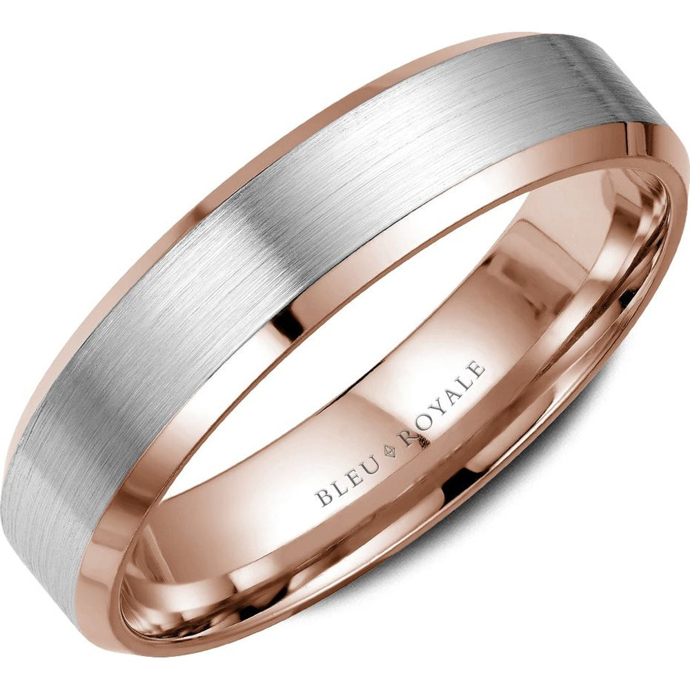 Bleu Royale Men's Wedding Band - 14K Rose Gold with Sandpaper Finish and High Polish Bevel - 5mm Width from the Legacy Collection
