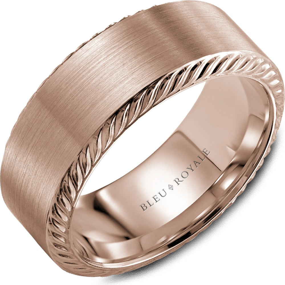 Bleu Royale Men's Wedding Band - 14K Rose Gold with Sandpaper Finish and High Polish Rope Edges - 8.5mm Width from the Legacy Collection