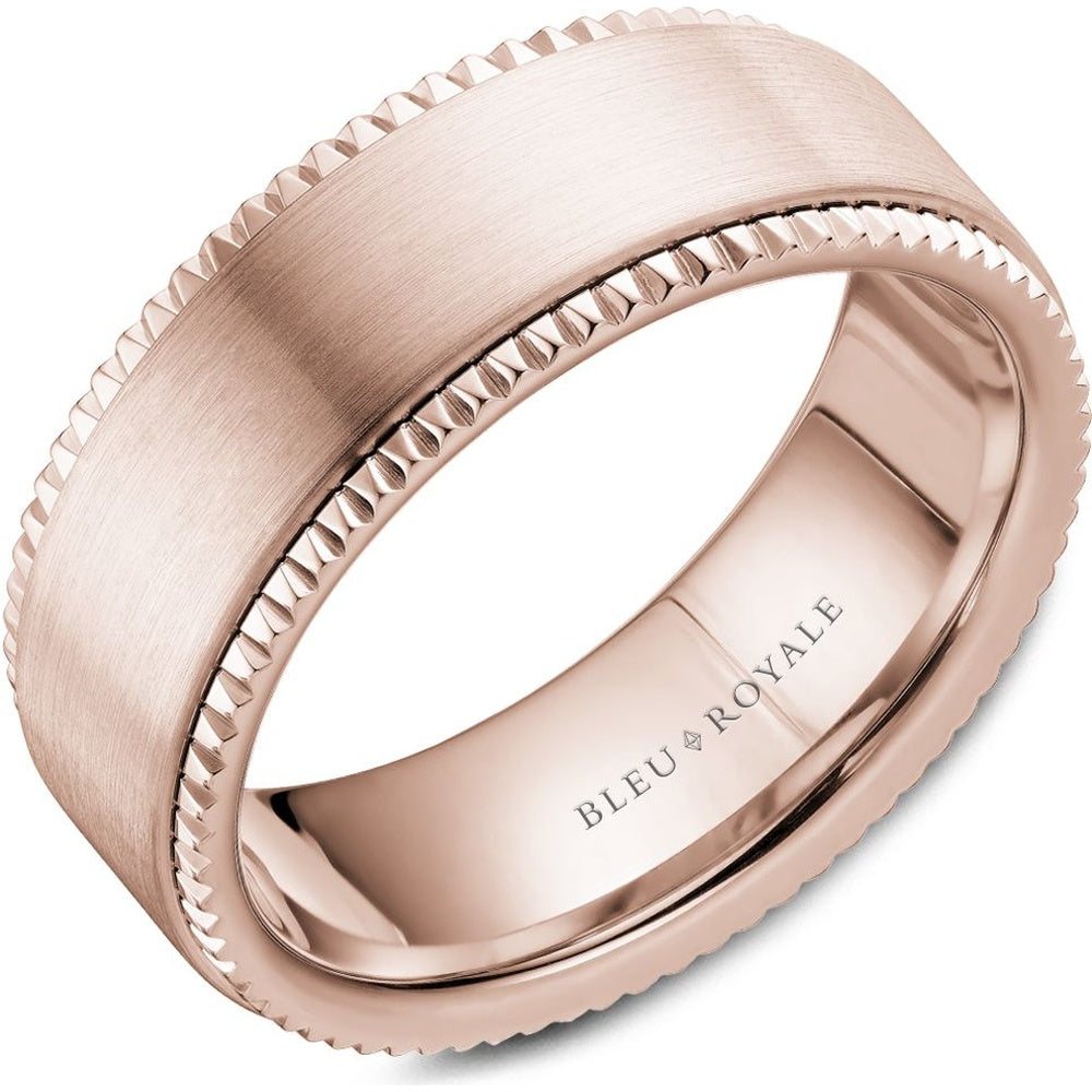 Bleu Royale Men's Wedding Band - 14K Rose Gold with Sandpaper Top and High Polish Edges- Available in Sizes 3-16 - 8mm Width from the Legacy Collection