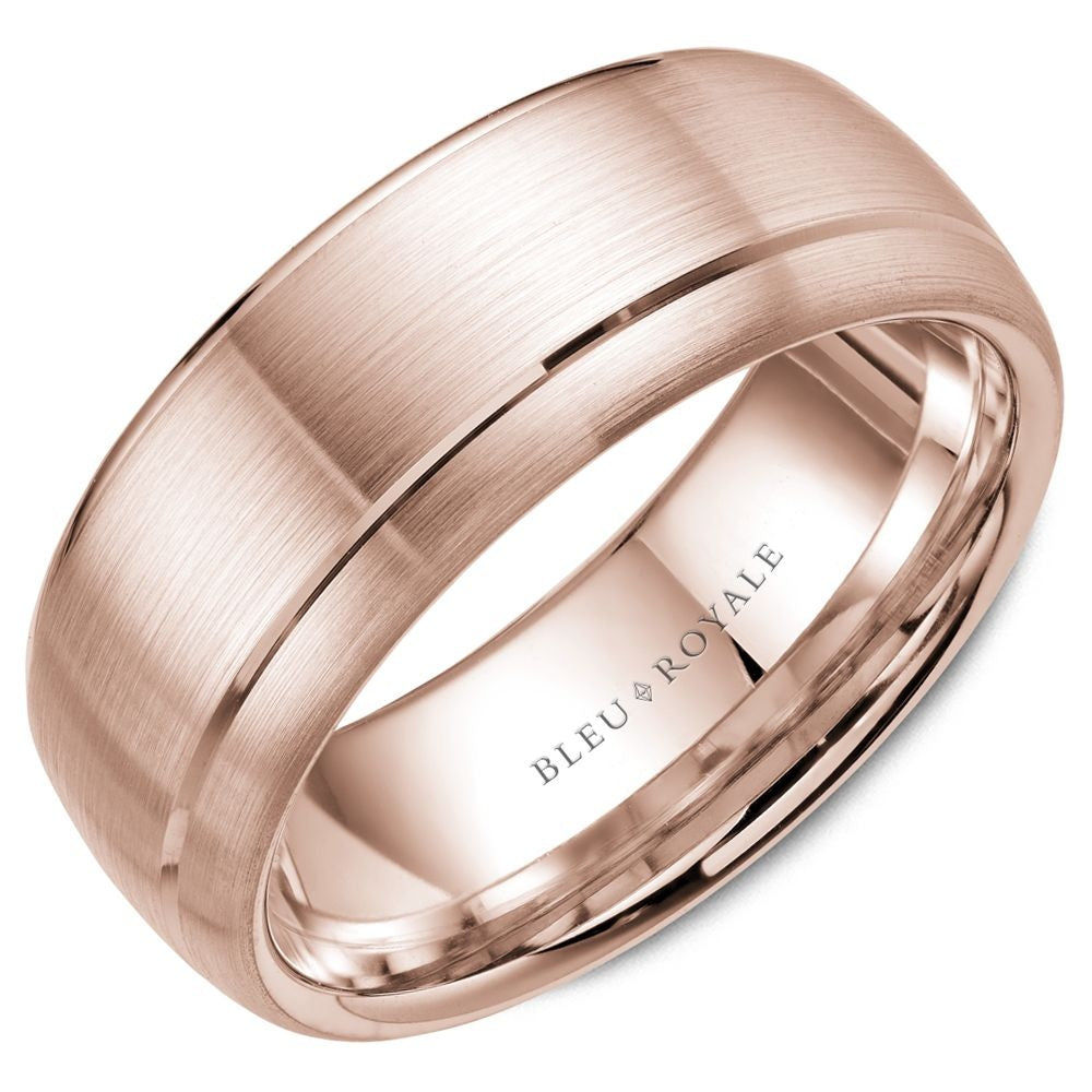 Bleu Royale Men's Wedding Band - 14K Rose Gold with Sandpaper Top and High Polish Off-Center Groove - 8.5mm Width from the Legacy Collection