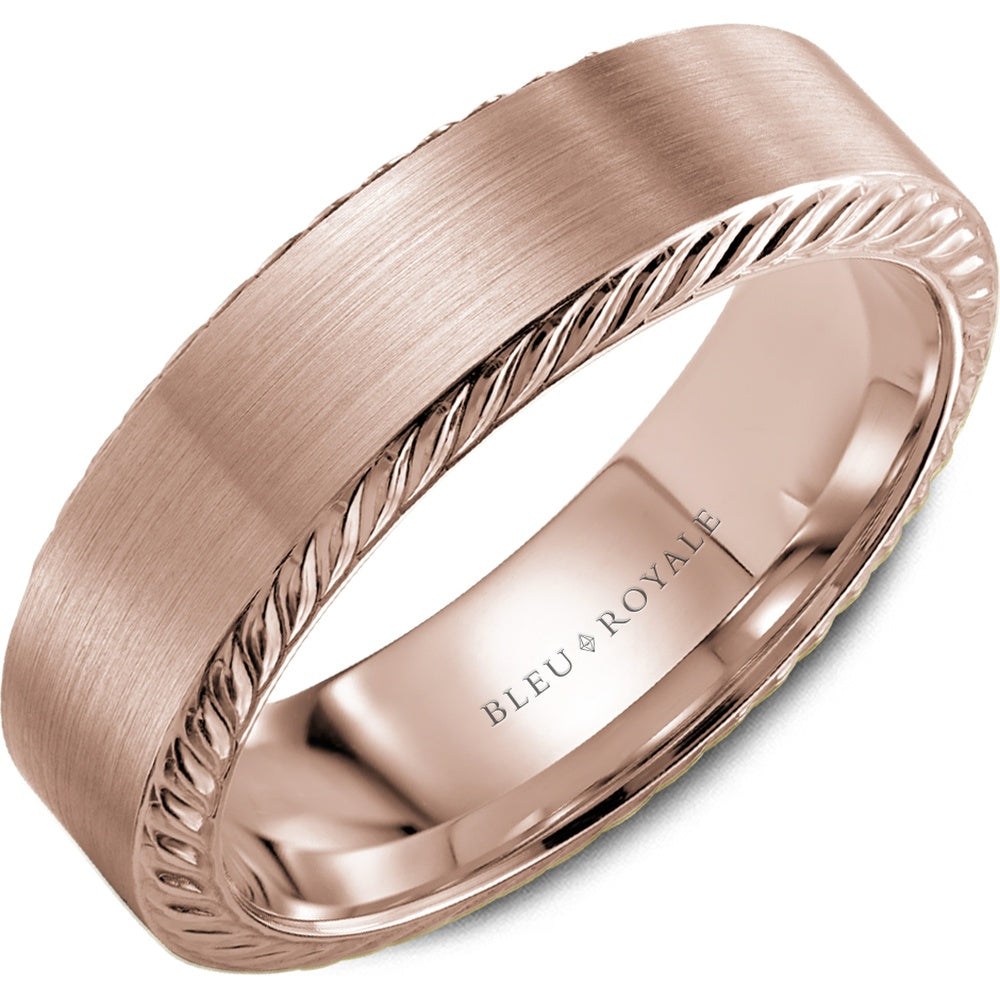 Bleu Royale Men's Wedding Band - 14K Rose Gold with Sandpaper Top and High Polish Rope Edge- Available in Multiple Metals and Sizes - 6.5mm Width from the Legacy Collection