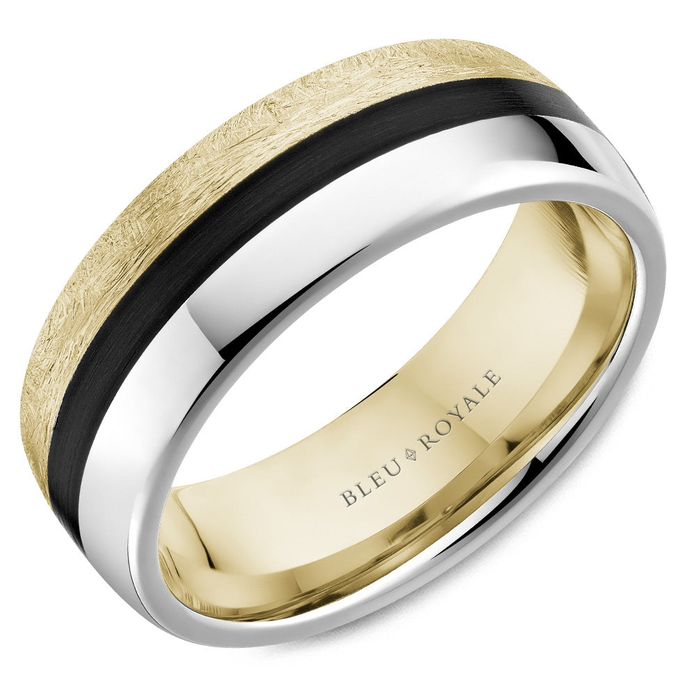Bleu Royale Men's Wedding Band - 14K Yellow Gold and White Gold and Black Ceramic with Sandpaper Finish - 7.5mm Width from the Distinct Collection