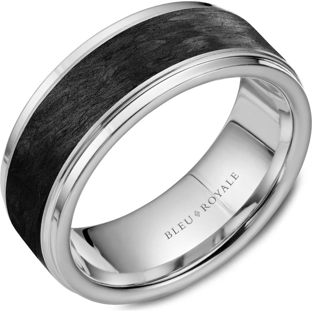 Bleu Royale Men's Wedding Band - 14K White Gold and Forged Carbon Fiber with Sandpaper Center and High Polish Sides - 8.5mm Width from the Distinct Collection