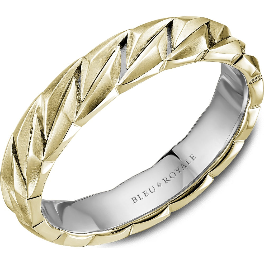 Bleu Royale Men's Wedding Band - 14K Yellow Gold and White Gold Geometric Chevron with Sandpaper Finish - 5mm Width from the Geometric Collection