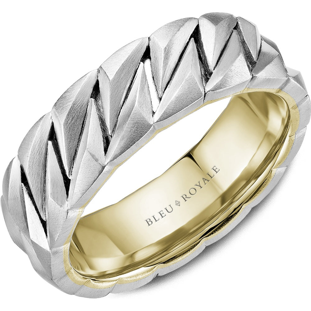 Bleu Royale Men's Wedding Band - 14K White Gold and Yellow Gold Geometric Chevron with Sandpaper Finish and High Polish Interior - Sizes 3-16 - 7mm Width from the Geometric Collection