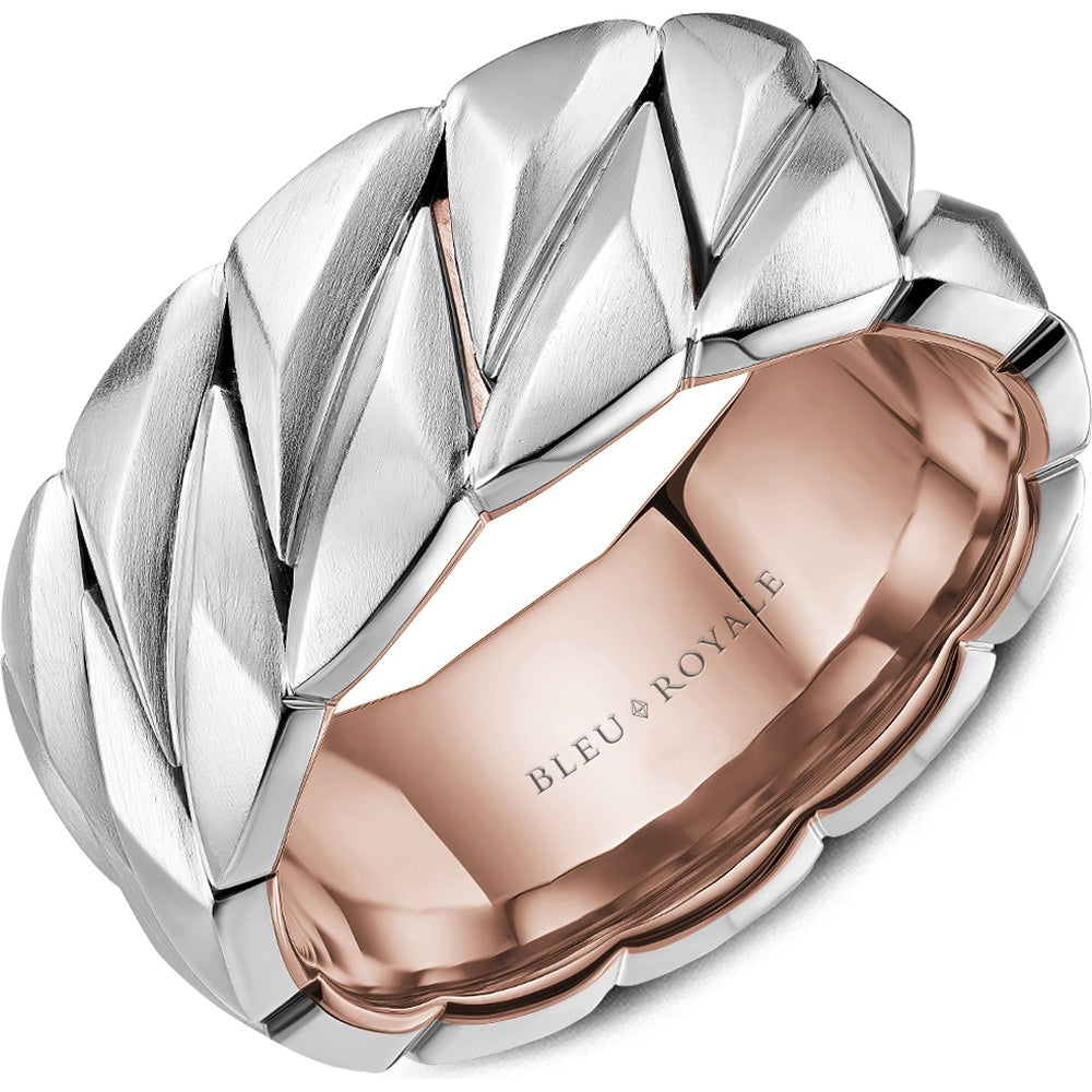 Bleu Royale Men's Wedding Band - 14K White Gold and Rose Gold Geometric with Sandpaper Finish and High Polish Interior - 10mm Width from the Geometric Collection