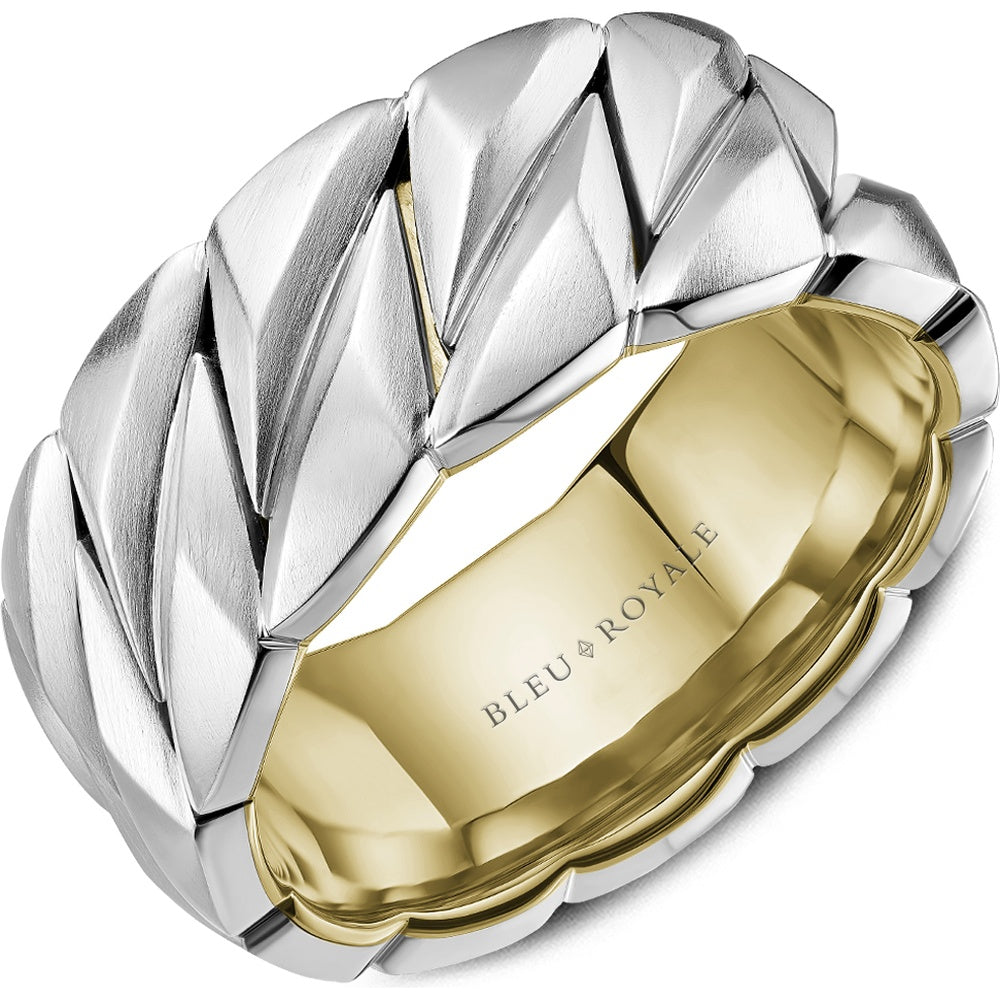 Bleu Royale Men's Wedding Band - 14K White Gold and Yellow Gold Geometric with Sandpaper Finish and High Polish Interior - 10mm Width from the Geometric Collection