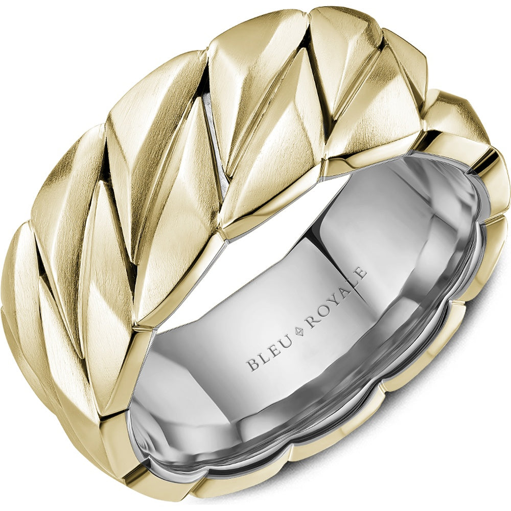 Bleu Royale Men's Wedding Band - 14K Yellow Gold and White Gold Geometric with Sandpaper Finish and High Polish Interior - 10mm Width from the Geometric Collection