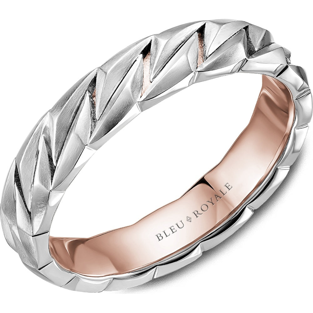 Bleu Royale Men's Wedding Band - 14K White Gold and Rose Gold Geometric with Sandpaper Finish and High Polish Interior - 5mm Width from the Geometric Collection