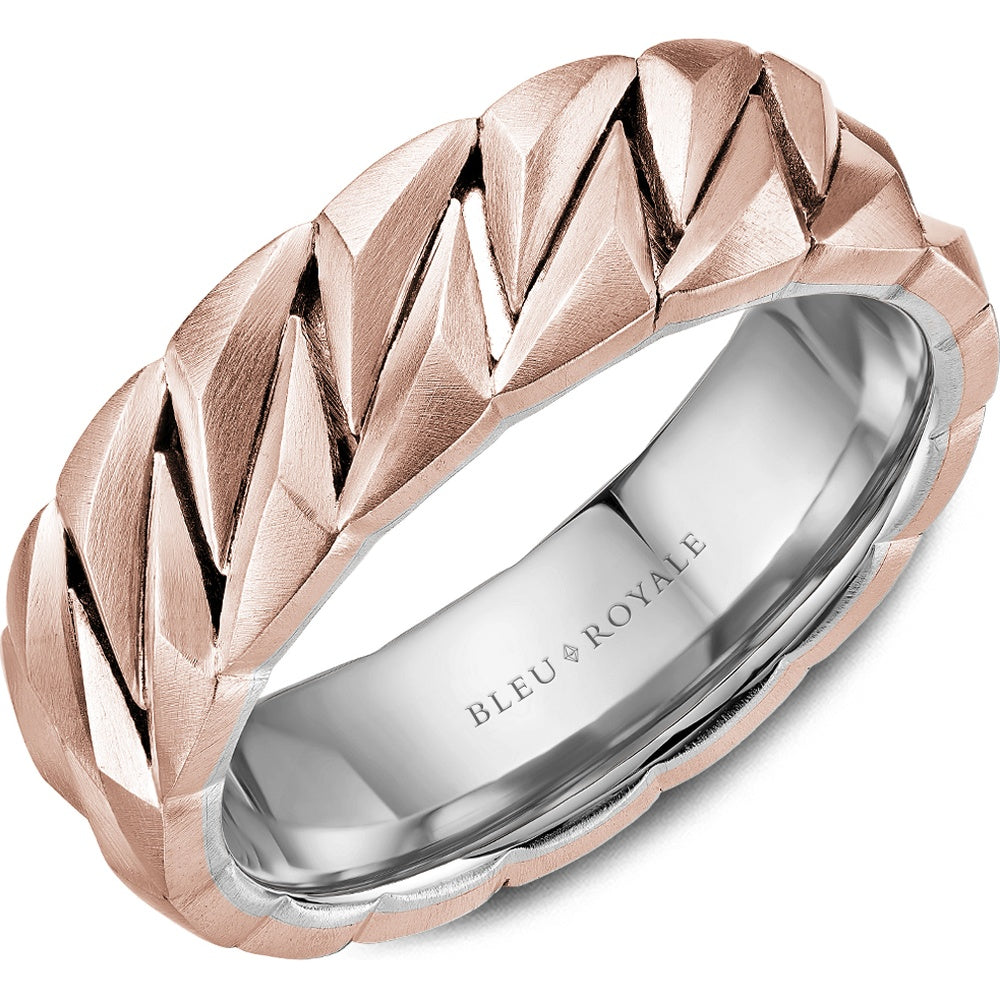 Bleu Royale Men's Wedding Band - 14K Rose Gold and White Gold Geometric with Sandpaper Finish and High Polish Interior - 7mm Width from the Geometric Collection