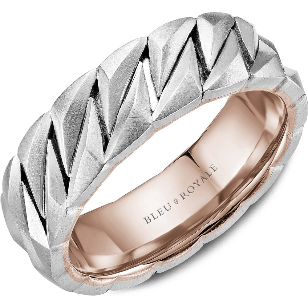 Bleu Royale Men's Wedding Band - 14K White Gold and Rose Gold Geometric with Sandpaper Finish and High Polish Interior - 7mm Width from the Geometric Collection