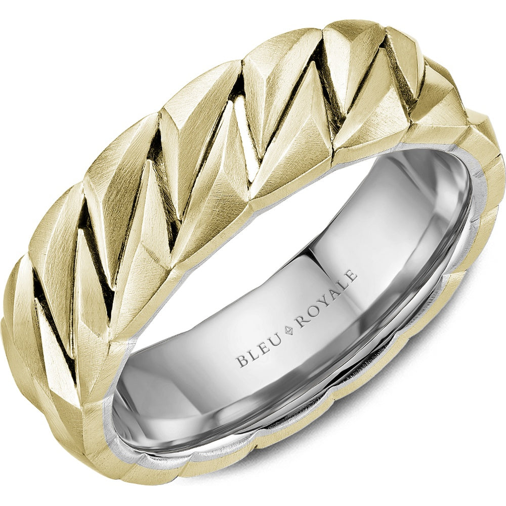 Bleu Royale Men's Wedding Band - 14K Yellow Gold and White Gold Geometric with Sandpaper Finish and High Polish Interior - 7mm Width from the Geometric Collection