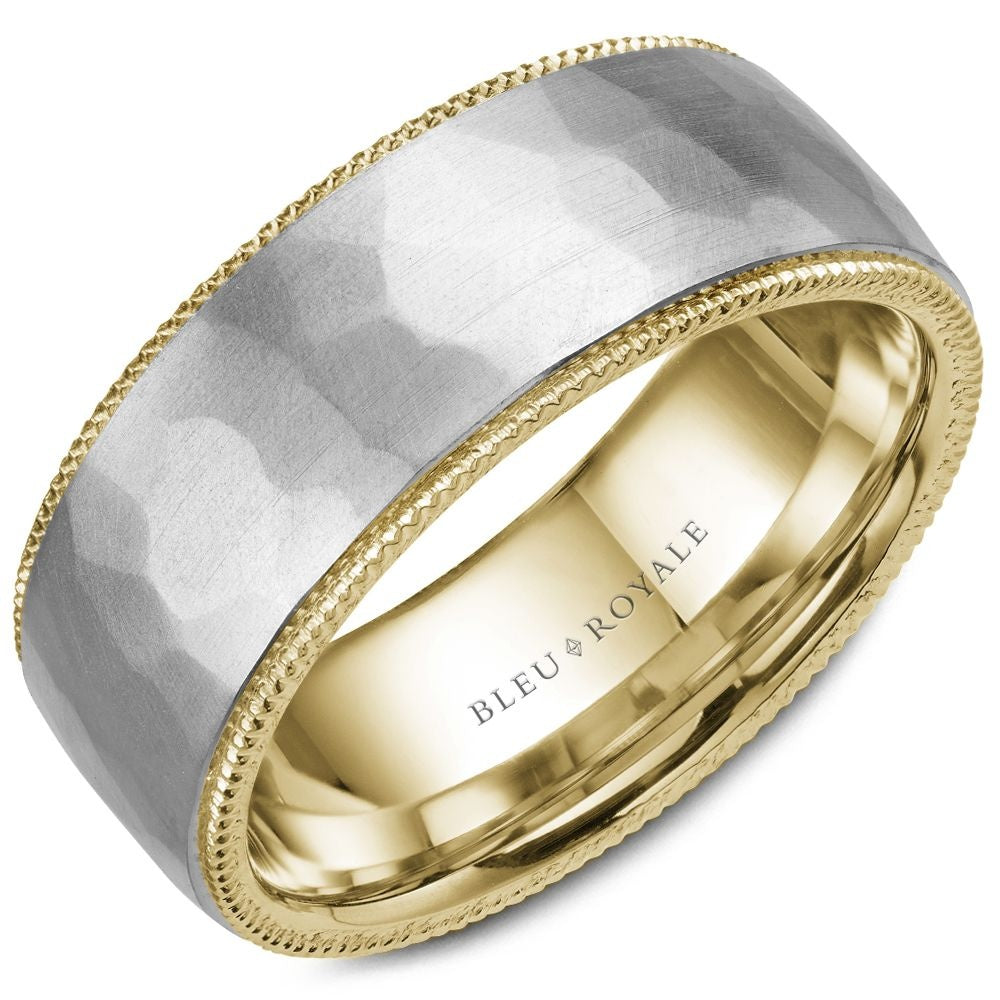Bleu Royale Men's Wedding Band - 14K White Gold and Yellow Gold Hammered with Beaded Edges - 8.5mm Width from the Legacy Collection