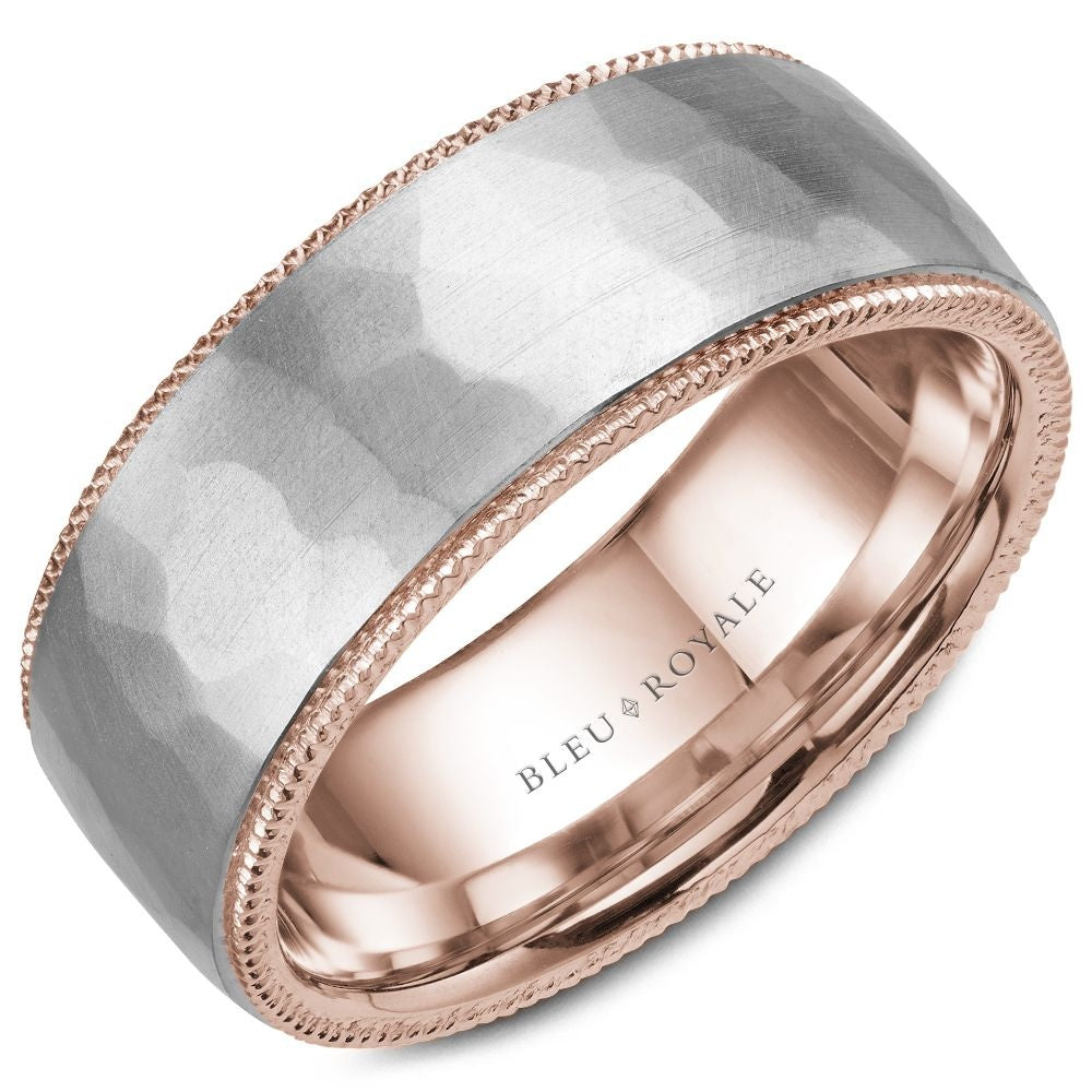 Bleu Royale Men's Wedding Band - 14K White Gold and Rose Gold Hammered with Milgrain Edges - 8.5mm Width from the Legacy Collection