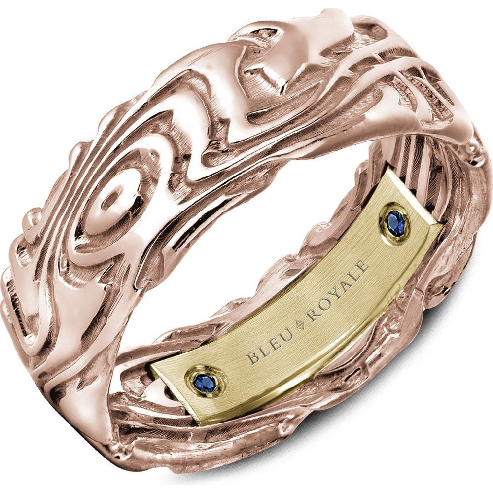 Bleu Royale Men's Wedding Band - 14K Rose Gold and Yellow Gold Openwork with Wood Grain Finish and Blue Sapphire Interior Accents - 8mm Width from the Distinct Collection