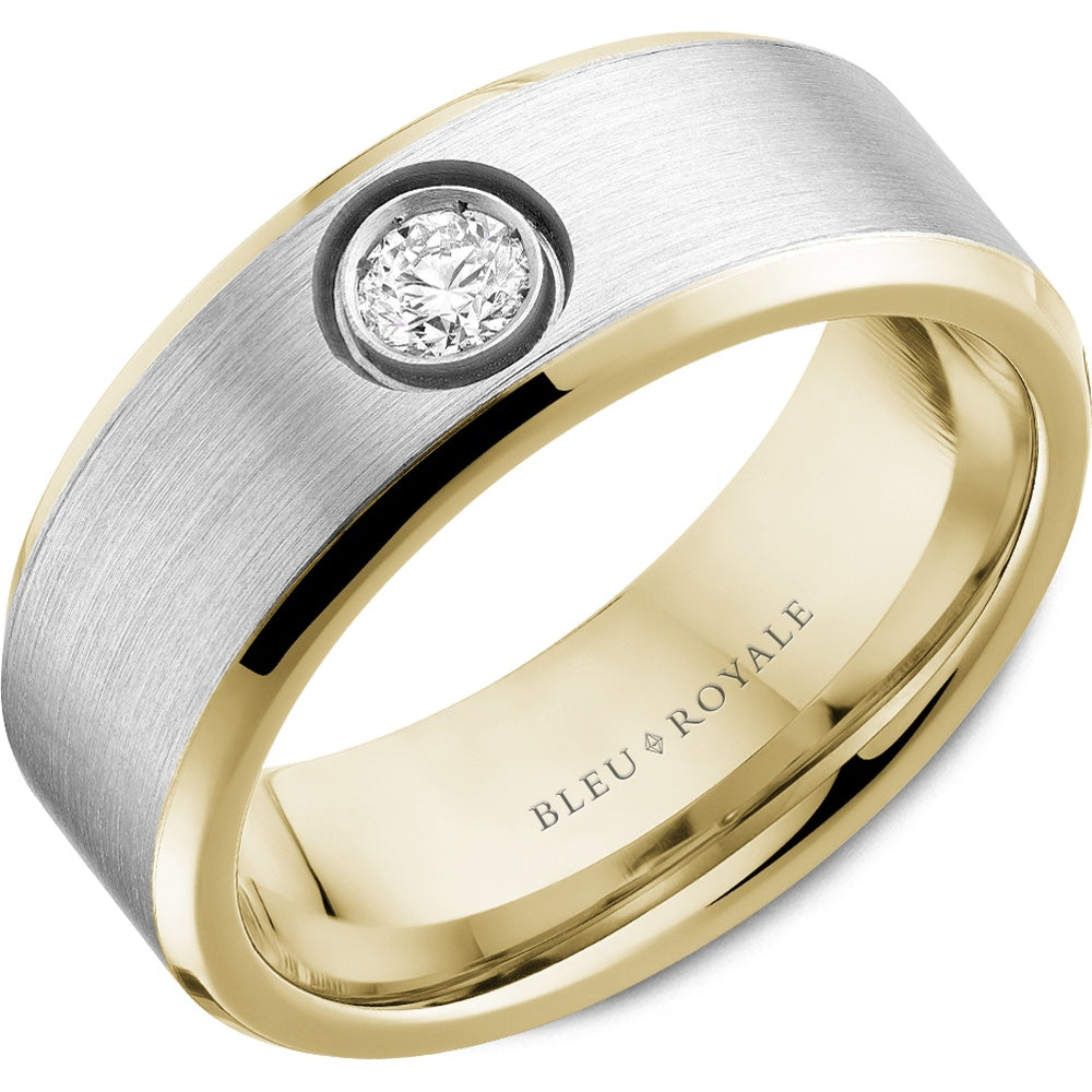 Bleu Royale Men's Wedding Band - 14K White Gold and Yellow Gold with Bezel-Set Round Diamond - 0.21 Carat Total Diamond Weight - 8mm Width from the Diamond Collection