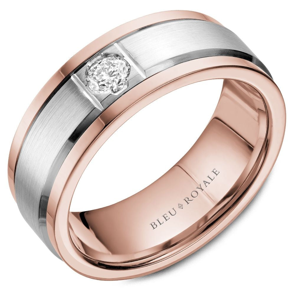Bleu Royale Men's Wedding Band - 14K White Gold and Rose Gold with Bezel Set Round Diamond - 0.26ct - 8mm Width from the Diamond Collection