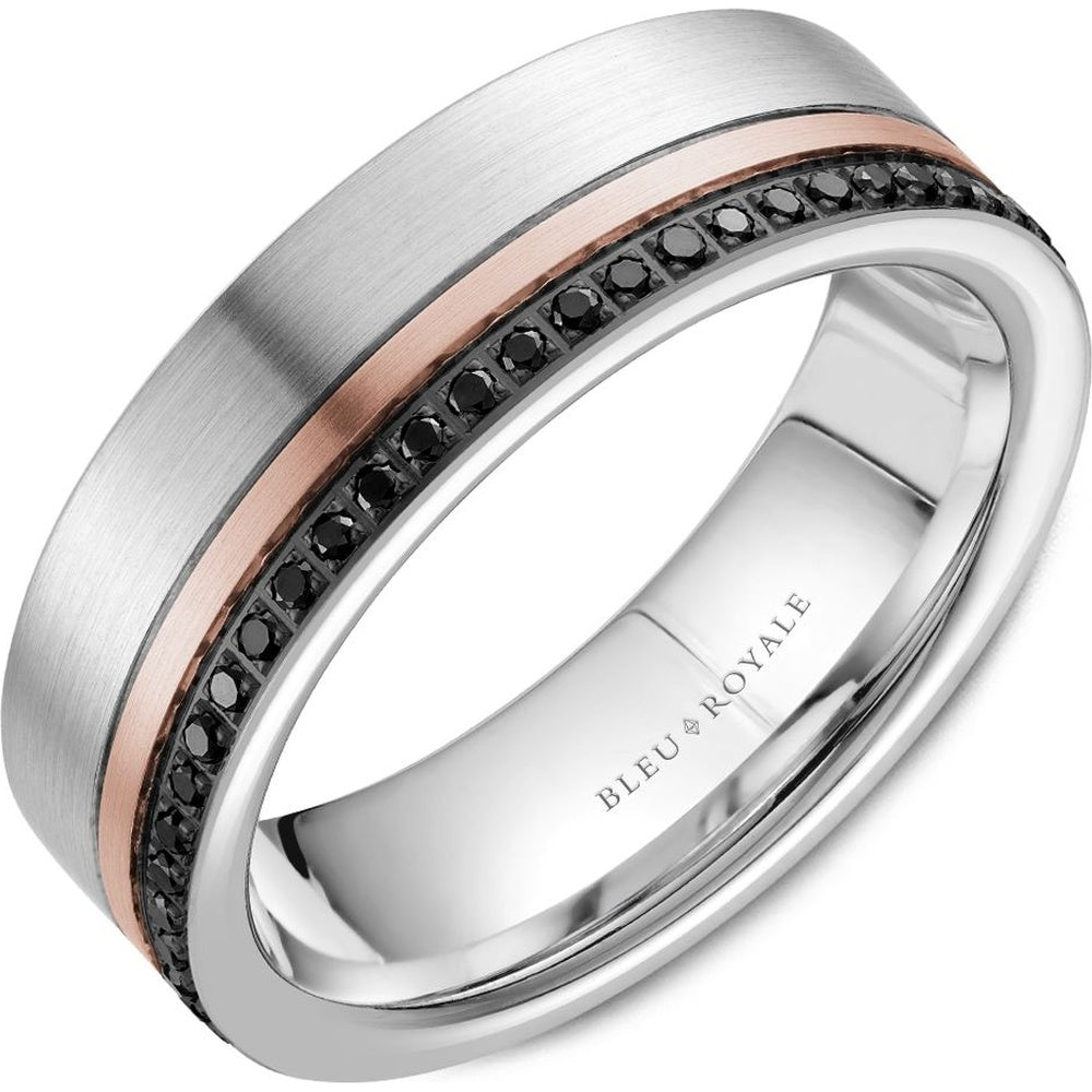Bleu Royale Men's Wedding Band - 14K Two-Tone Gold with Black Diamond Channel and Rose Gold Accent- 0.36 Carat Total Diamond Weight - 7mm Width from the Diamond Collection