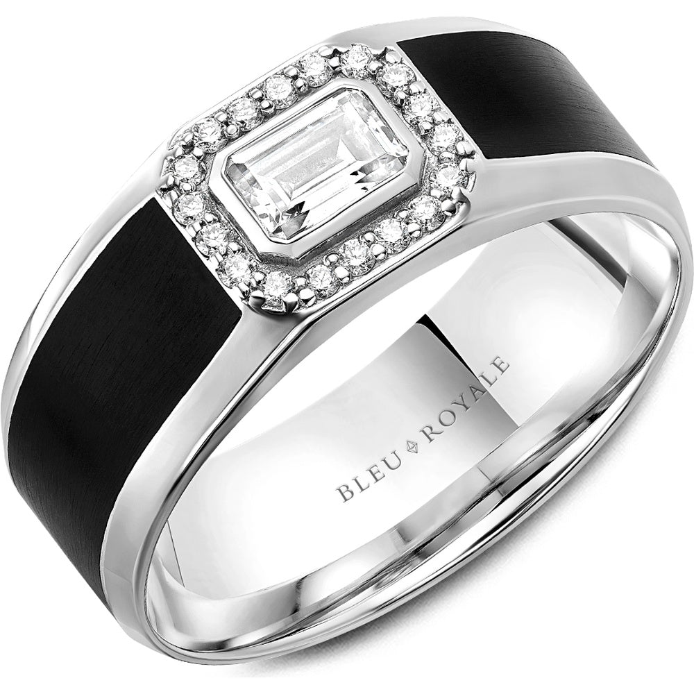 Bleu Royale Men's Wedding Band - 14K White Gold with Black Enamel, Emerald Cut Center Diamond and Round Halo- 0.63 Carat Total Diamond Weight - 8mm Width from the Diamond Collection