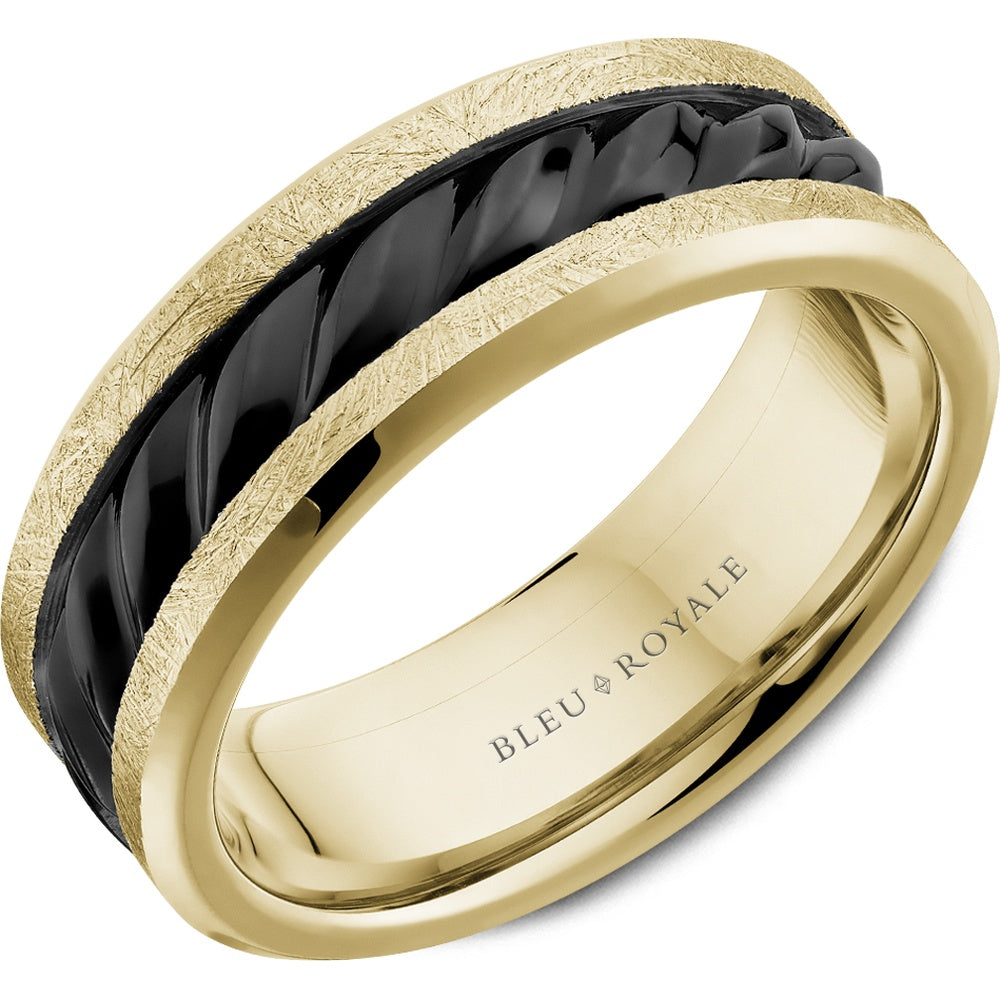Bleu Royale Men's Wedding Band - 14K Yellow Gold with Black Rhodium Twisted Center and Diamond Brush Finish - 7.5mm Width from the Distinct Collection