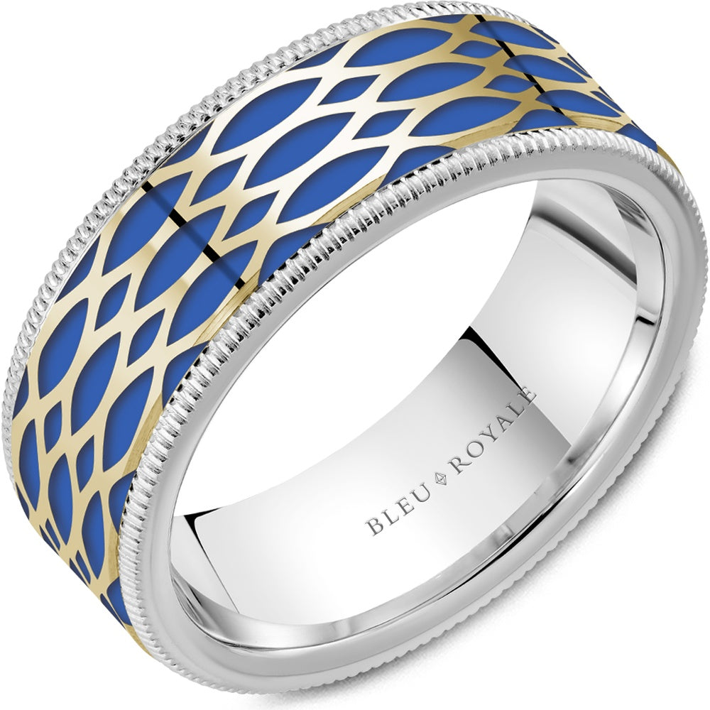 Bleu Royale Men's Wedding Band - 14K Two-Tone Gold with Blue Enamel and Milgrain Edge- Yellow and White Gold - 8mm Width from the Distinct Collection