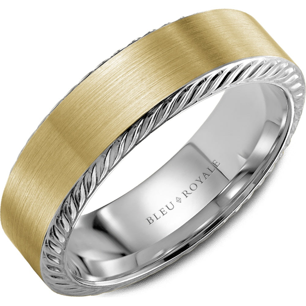 Bleu Royale Men's Wedding Band - 14K Yellow Gold and White Gold with Brushed Center and Rope Edge Detail - 6.5mm Width from the Legacy Collection