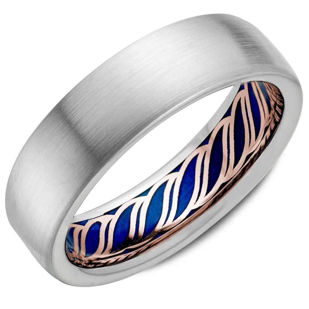 Bleu Royale Men's Wedding Band - 14K White Gold and Rose Gold with Brushed Sandpaper Finish and Blue Enamel Openwork Interior - 6.5mm Width from the Distinct Collection