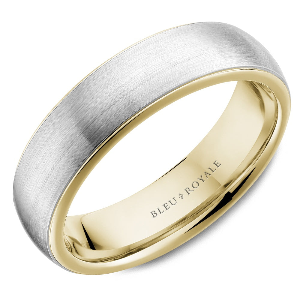 Bleu Royale Men's Wedding Band - 14K White Gold and Yellow Gold with Brushed Sandpaper Finish and High Polish Edges - 6mm Width from the Legacy Collection